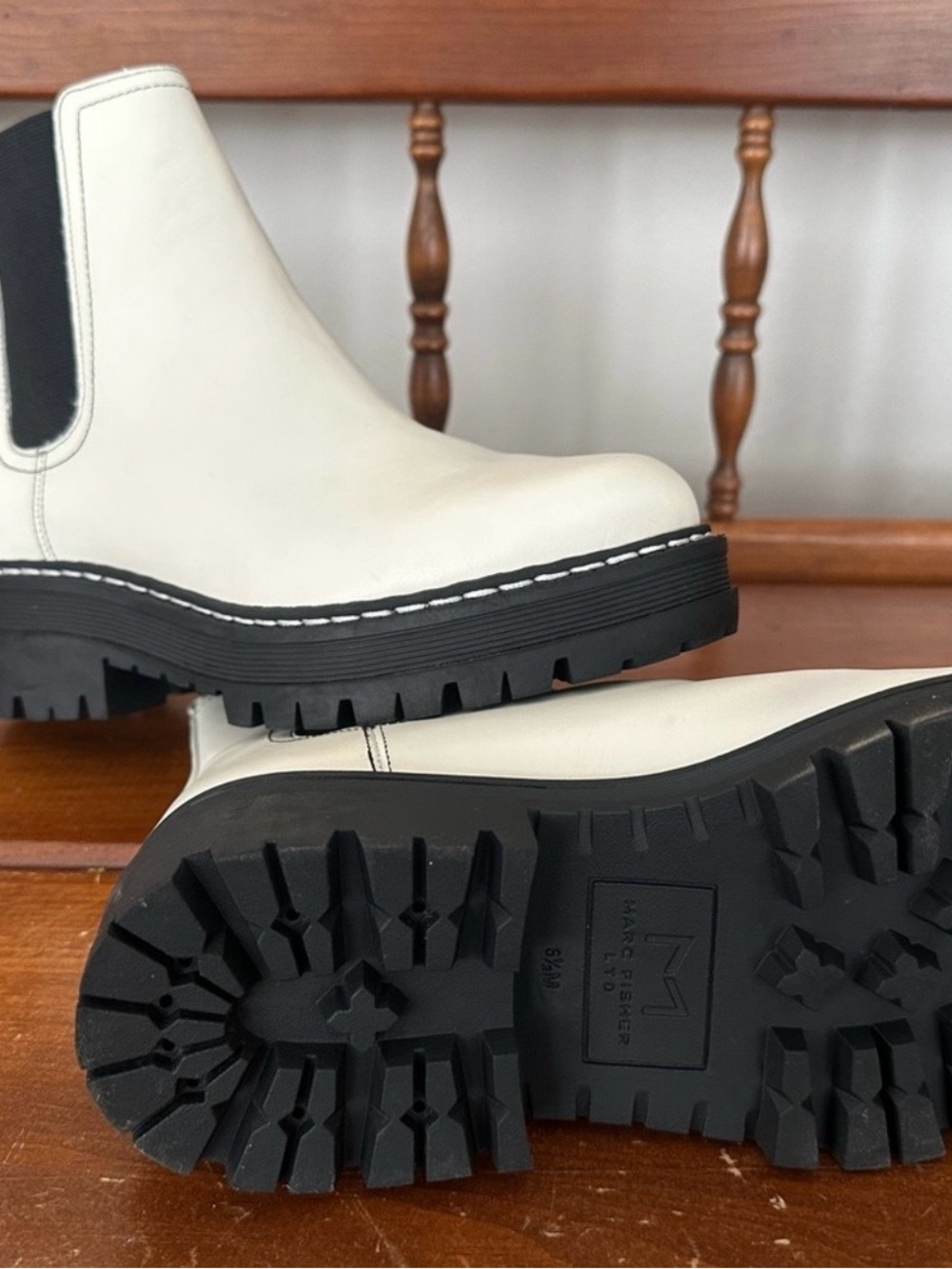 Marc Fisher Cream Leather Chelsea Lug Sole Ankle Boots